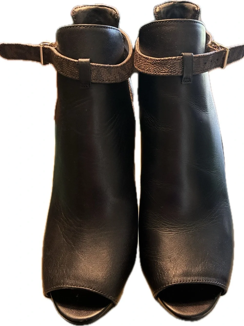 Michael Kors Black and Brown Leather Ankle Booties with Buckle Strap